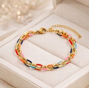 Colorful Enamel and 18k Gold Plated Stainless Steel Statement Chain Bracelet